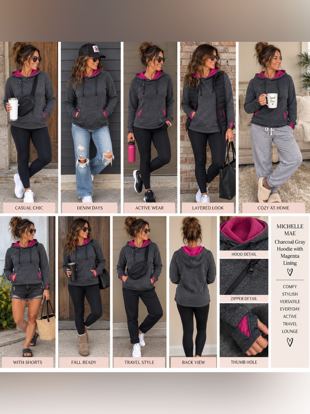 Michelle Mae Charcoal Gray Hoodie with Magenta Lining